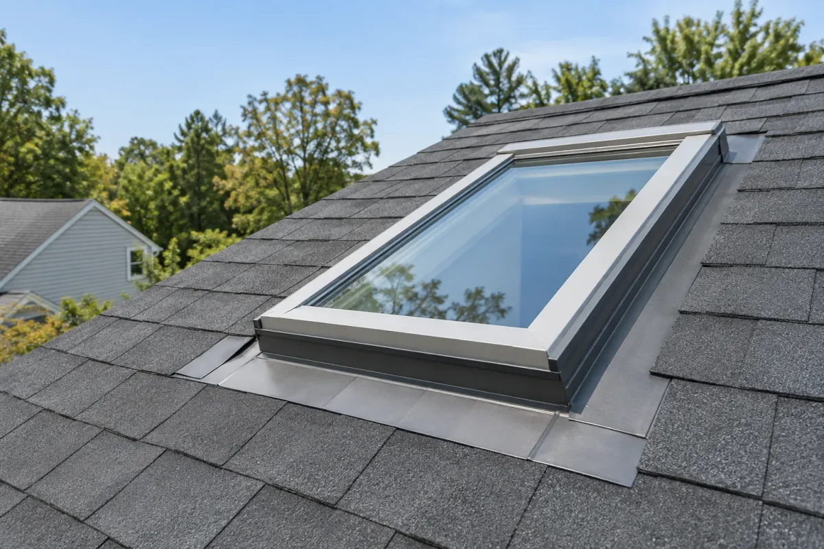 Modern skylight integrated with asphalt shingles and metal flashing